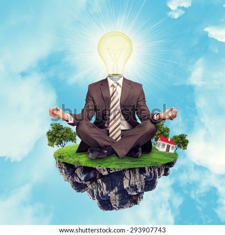Businessman sitting in lotus posture with bulb instead head on island in sky, close-up view