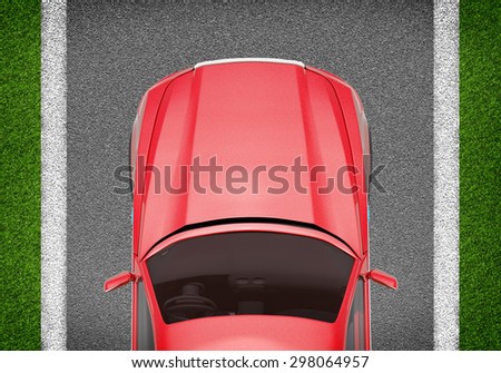 Red car on grey and green texture background, top view