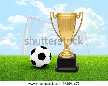 Cup with football on football pitch on nature background