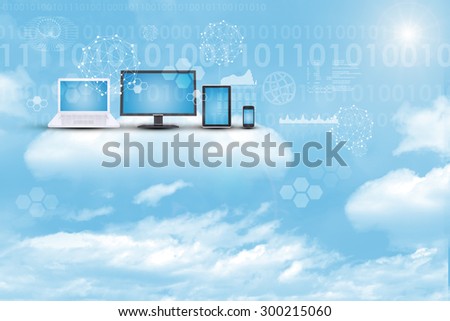 Set of gadgets on blue sky background with graphical charts