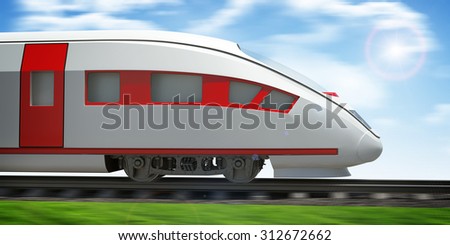 Train moving forward on rail-tracks on nature background, close-up view