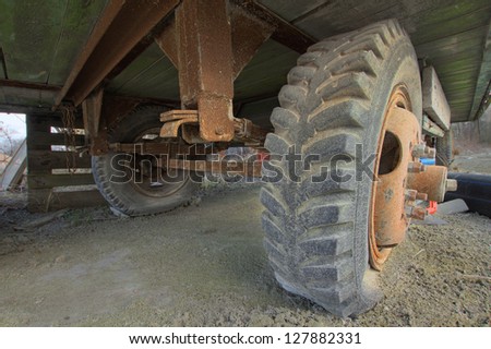 Wheel of an used barrack on a construction yard