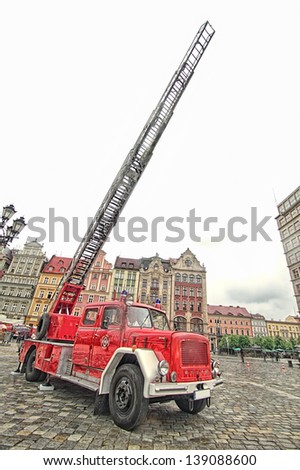 WROCLAW, POLAND - MAY 12: Fire truck and equipment at Fireman's Day celebration at the town hall square on  may 12 2013  in Wroclaw.
