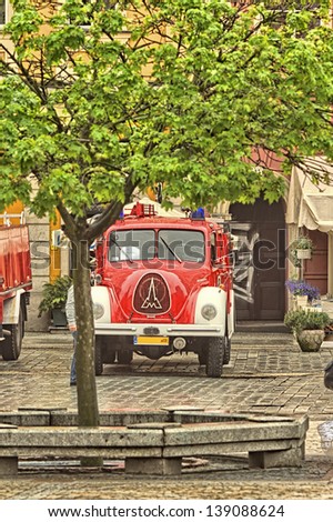 WROCLAW, POLAND - MAY 12: Fire truck and equipment at Fireman\'s Day celebration at the town hall square on  may 12 2013  in Wroclaw.