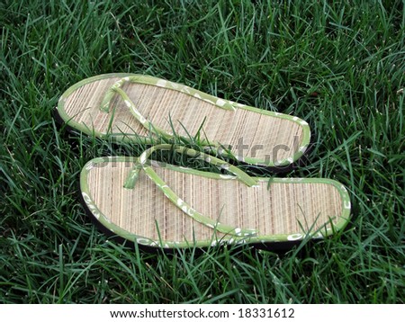 pair of summer sandals on green grass