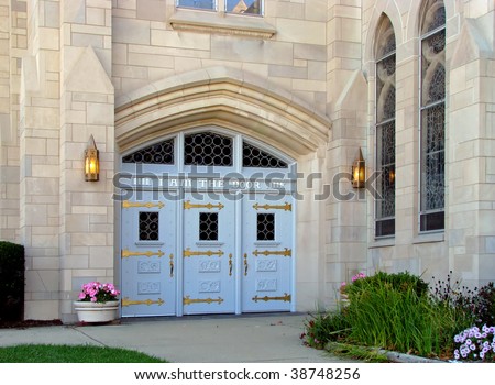 church doors with lighted front entrance \