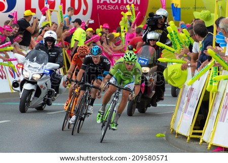 KATOWICE, POLAND - AUGUST 06: 71 Tour de Pologne, the biggest cycling event in Eastern Europe, participants of 4th stage from Tarnow to Katowice, August 06, 2014 in Katowice, Poland