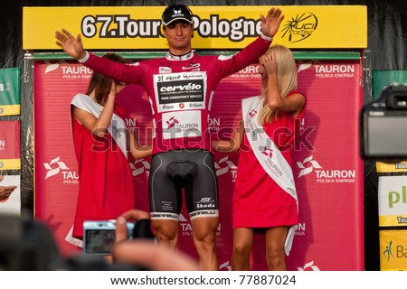 KATOWICE - AUGUST 3: ROLLIN Dominique (CERVELO TEST TEAM), best mountaineer after the 3rd stage, celebrates at podium during the 67 Tour de Pologne 2010 August 3, 2010 in Katowice, Poland.