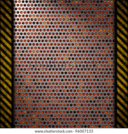 Perforated metal background with warning stripes over fire, hot lava or melted metal