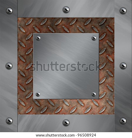 Brushed aluminum frame and plate bolted to a grudge and rusted diamond metal background