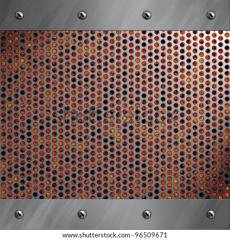 Brushed aluminum frame bolted to a perforated metal over fire, hot lava or melted metal