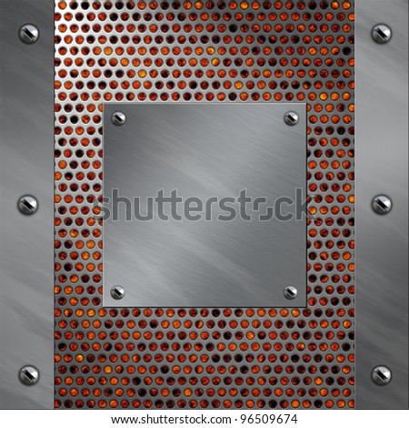 Brushed aluminum frame and plate bolted to a perforated metal over fire, hot lava or melted metal