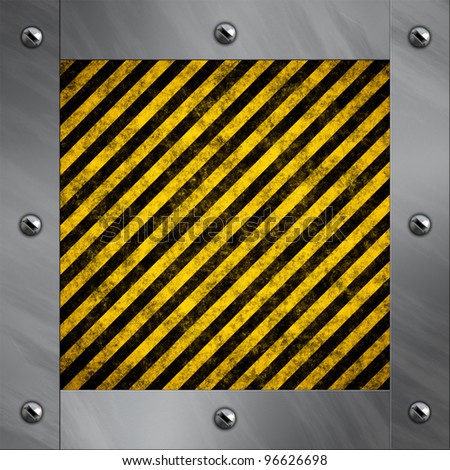 Brushed aluminum frame bolted to a warning stripe background
