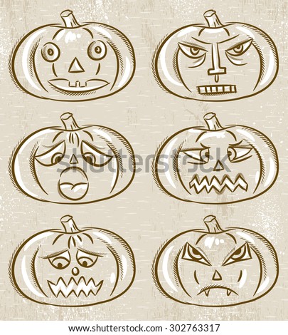 Halloween Pumpkins, Horror Persons, Emotion Variation, Vector