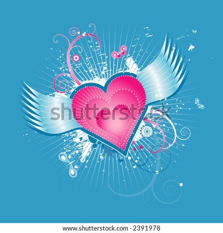 hearts with wings on blue