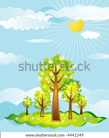 Landscape with spring trees with flowers, vector illustration