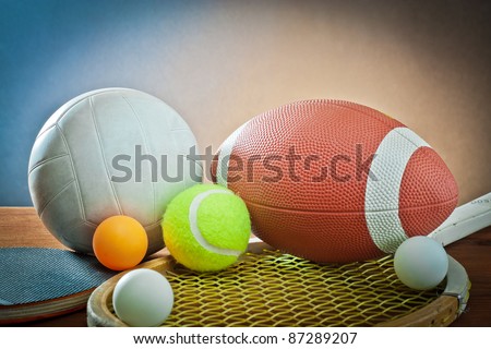sports equipment. Tennis,rugby,volleyball and ping pong