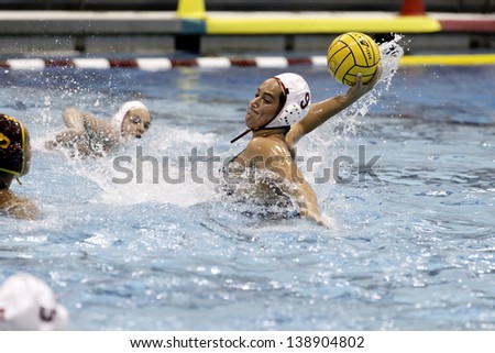 BOSTON - 12 MAY: Maggie Steffens (9), Stanford University, takes a shot on goal at the NCAA Women's Division 1 championship Water Polo game in Boston, Massachusetts, 12 May 2013