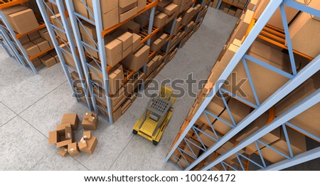 3D rendering of a distribution warehouse with shelves, racks, boxes, forklift,  ideal for backgrounds