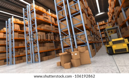 3D rendering of a distribution warehouse with shelves, racks, boxes, forklift,  ideal for backgrounds