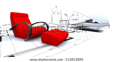 3D furniture in a blueprint interior 3D furniture in a blueprint interior