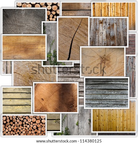 Collage of different types of woods, planks, floors, timber, tree trunks, etc.
