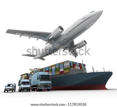 3D rendering of a flying plane, a truck, a lorry, and a freight ship
