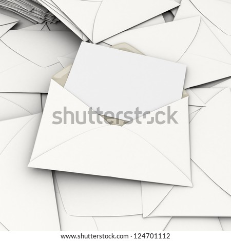 3D rendering of an open envelope and a blank, card on top of a stack of scattered correspondence