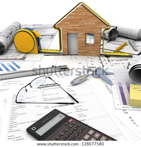 A house under construction on top of a table with mortgage application form, calculator, blueprints, etc..