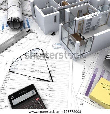 Office building with open interior on top of blueprints, documents and mortgage calculations