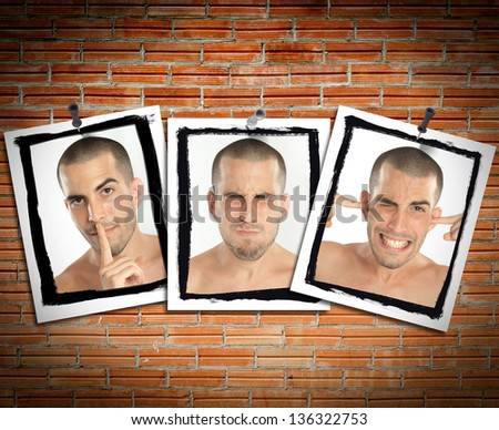 Succession of pictures posted on a brick wall of a young man mimicking see no evil, hear no evil, speak no evil