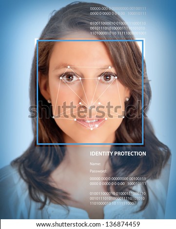 Female Face With Lines From A Facial Recognition Software