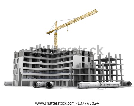 Building under construction with crane, on top of blueprints