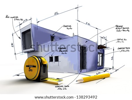 Modern building draft with notes and measurements by a pencil and a tape measure Modern building draft with notes and measurements by a pencil and a tape measure