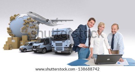 Work team around a computer in an international transportation context Work team around a computer in an international transportation context