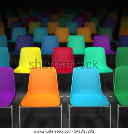 3D rendering of rows of colorful chairs