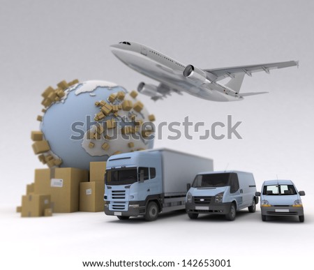 The Earth, lots of boxes and a transportation fleet made of vans, trucks and an airplane