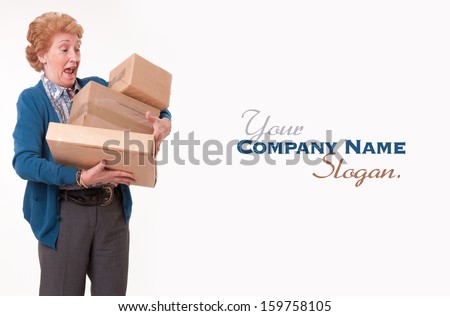 Senior woman holding a lot of parcels with alarm