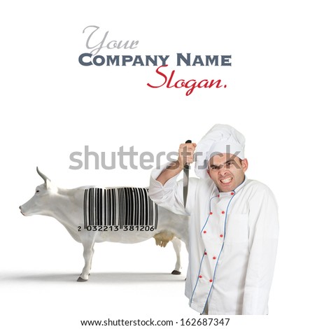 Crazy chef with a knife and a cow with a barcode