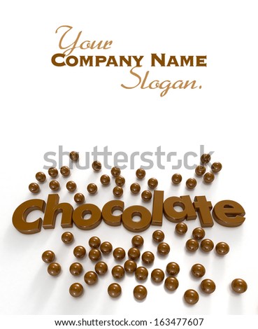 Word chocolate formed by chocolate-textured letters and surrounded by chocolate drops on a white background