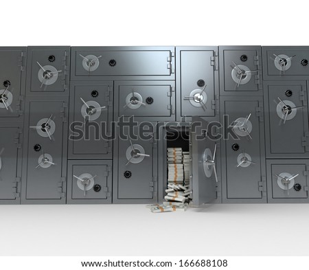 3D rendering of a wall of bank safes one of them open and full of dollars