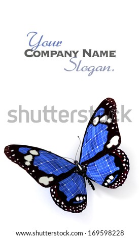 3D rendering of a blue butterfly with solar panel texture and lots of copy space