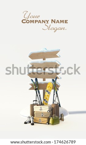 3D rendering of a snow covered directional sign and suitcases, skis, snowboard and boots