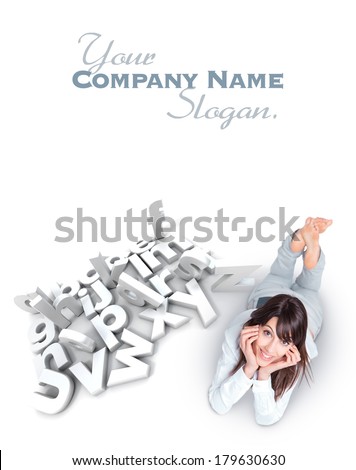 Young woman lying by a white alphabet with scattered letters