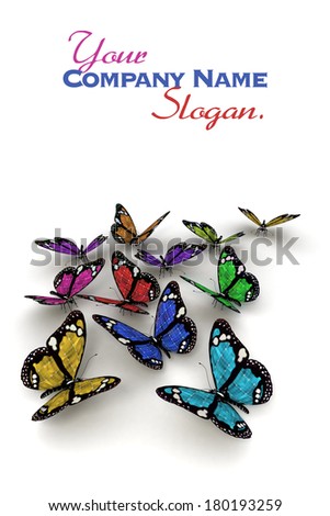 3D rendering of many colorful butterflies with solar panel texture, with lots of copy space