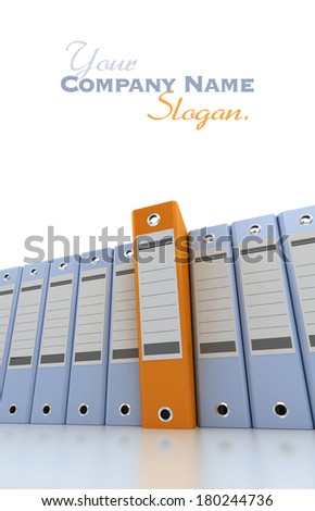 3D rendering of a line of office ring binders with one sticking out