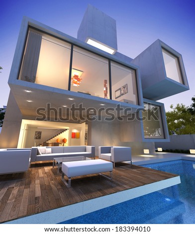 External view of a contemporary house with pool at dusk