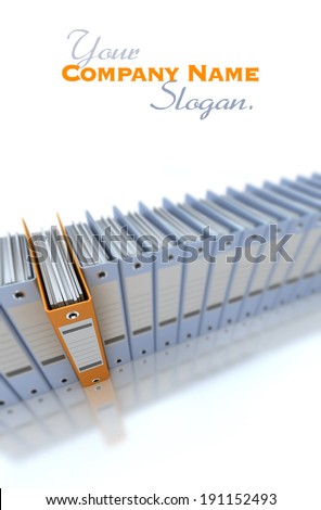 3D rendering of a line of office ring binders with one sticking out
