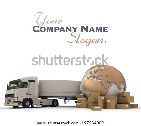 3D rendering of a world map packages and a truck 3D rendering of a world map packages and a truck