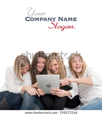 Group of amused girls around a pc tablet.  Please note that the logo and writing on the tablet are mine. I am attaching a property release, so no copyright issue.